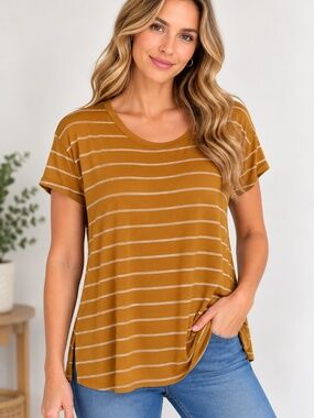 Terra & Sky Women’s Orange & White Striped Short Sleeve Top, size 1X